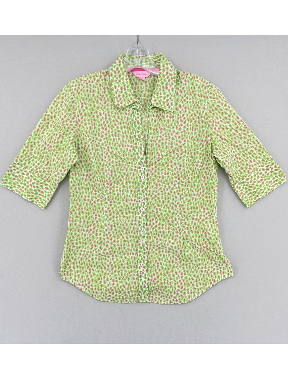 Lilly Pulitzer button up blouse w/ pink and green leopard cheetah print size 6